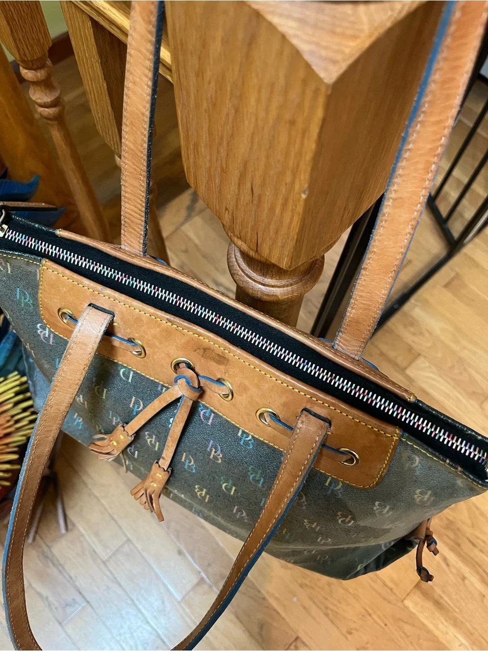 Dooney & Bourke y2k Multicolor Logo Canvas Satchel Bag with Brown Leather Trim